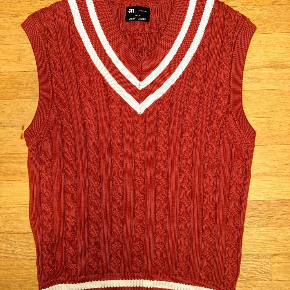 Le 31 Red V-Neck Cable Knit Sweater Vest